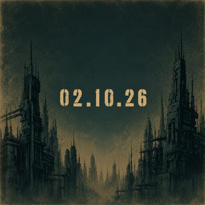 A ruined skyline at dusk with the release date, 02.10.26.